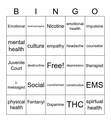 Life Skills Bingo Card