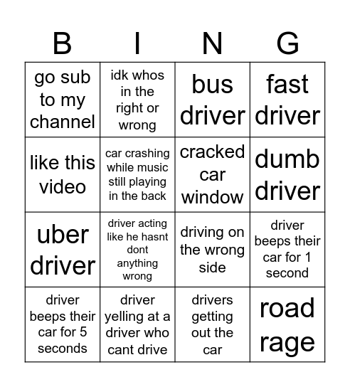 IDIOTS IN CARS Bingo Card