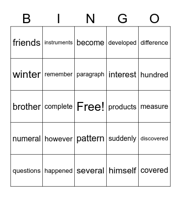 Grade 6 Syllable Bingo Card