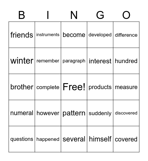 Grade 6 Syllable Bingo Card