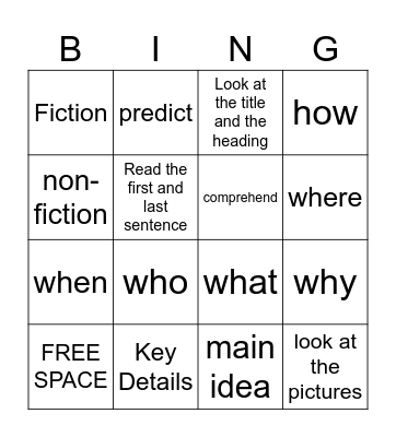 Reading & Vocabulary Bingo Card