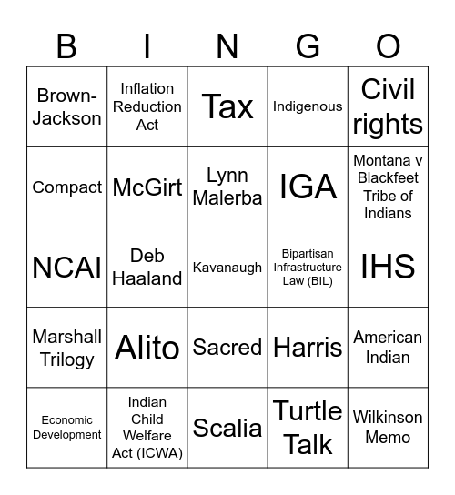 2024 D.C. Indian Law Bingo Card