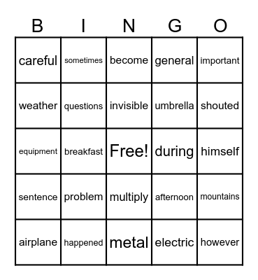 Grade 4 Syllable Bingo Card