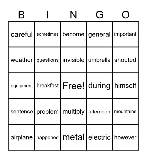 Grade 4 Syllable Bingo Card