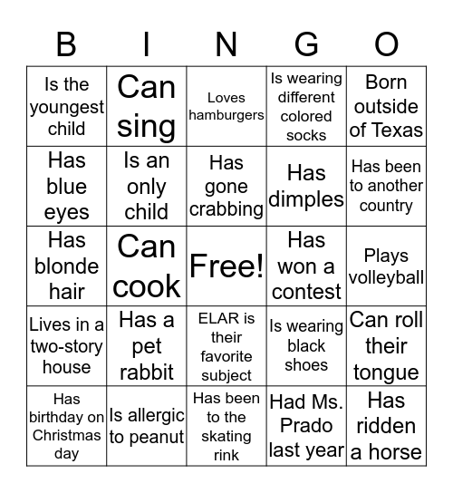 First Day of School Bingo Card