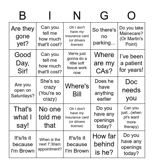 Orono Chiropractic Bingo Card