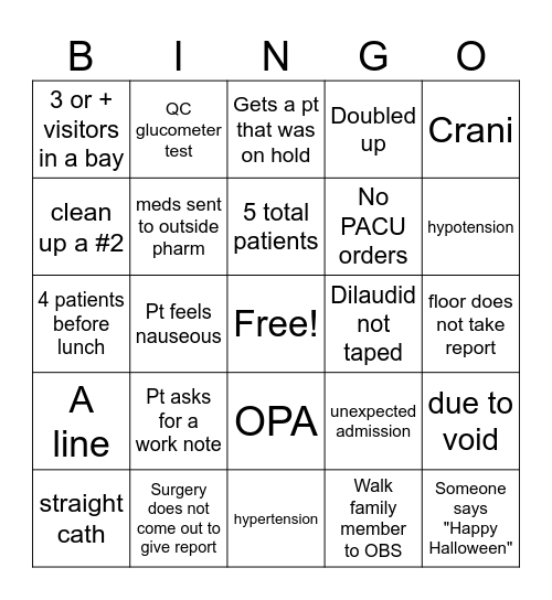 Spooky Halloween PACU Bingo Card