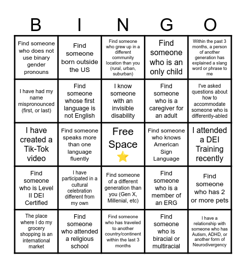 DEI Bingo Card