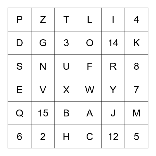 ASL Numbers and Letters Bingo Card