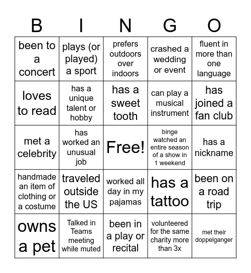 Get to Know Team Amyzing Bingo Card