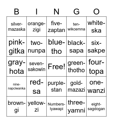 Dakhota colors and numbers Bingo Card