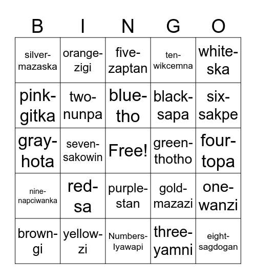 Dakhota colors and numbers Bingo Card