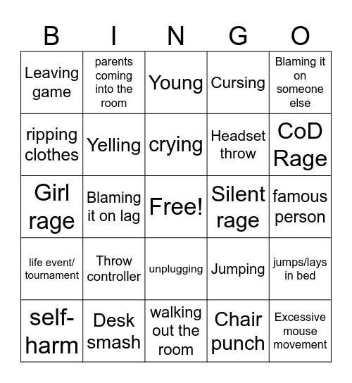 Gamer rage Bingo Card