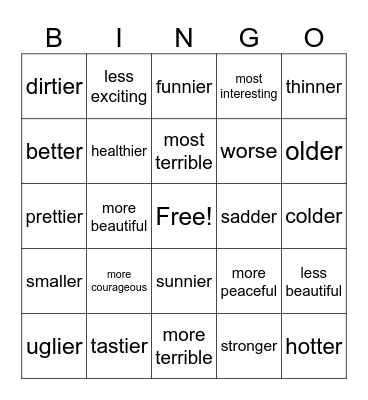 Comparative Adjective Bingo Card
