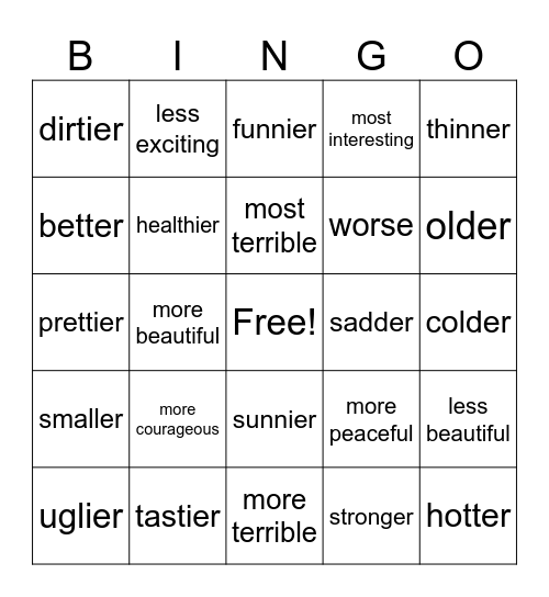 Comparative Adjective Bingo Card