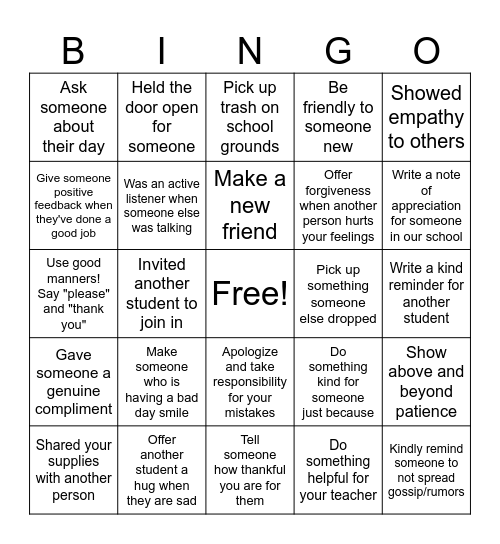 4th Grade Kindness Challenge Bingo Card