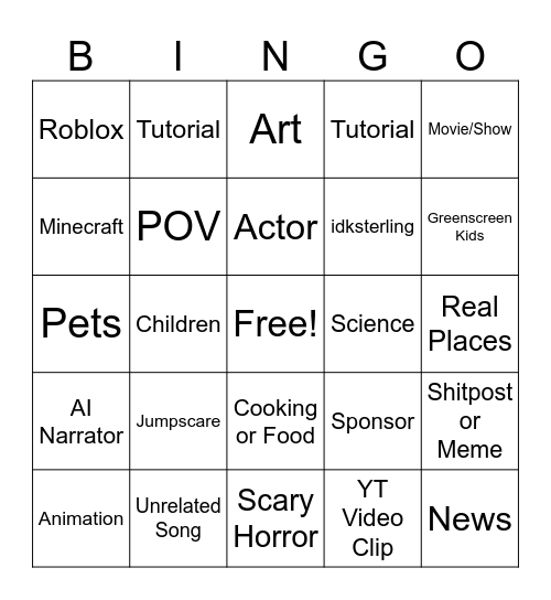 YT Shorts Bingo Card