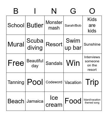 Sandals Bingo Card