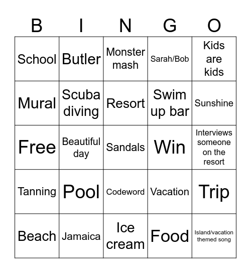 Sandals Bingo Card