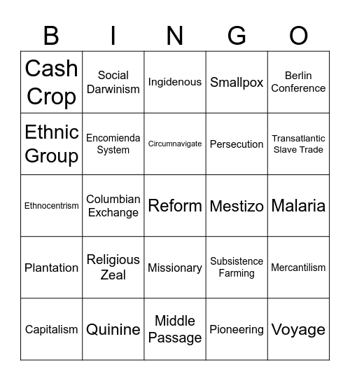 Colonization / Imperialism Bingo Card