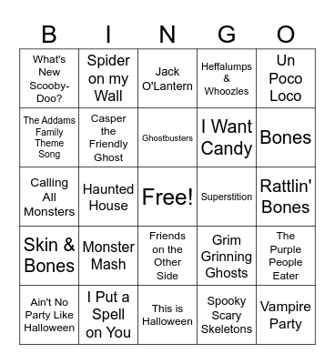 Halloween Music Bingo Card