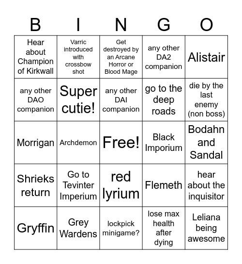 Veilguard Bingo Card