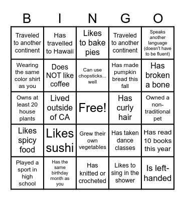 Get To Know Your Neighbor Bingo Card