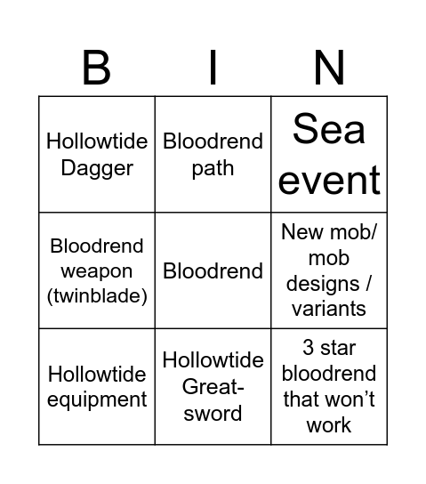 Hollowtide bingo Card
