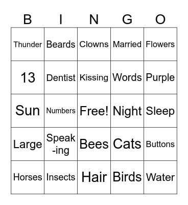Phobias Bingo Card