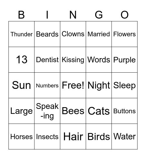 Phobias Bingo Card