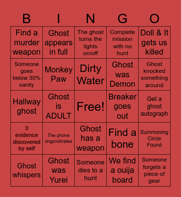 PhasmoPHOBIA Bingo Card
