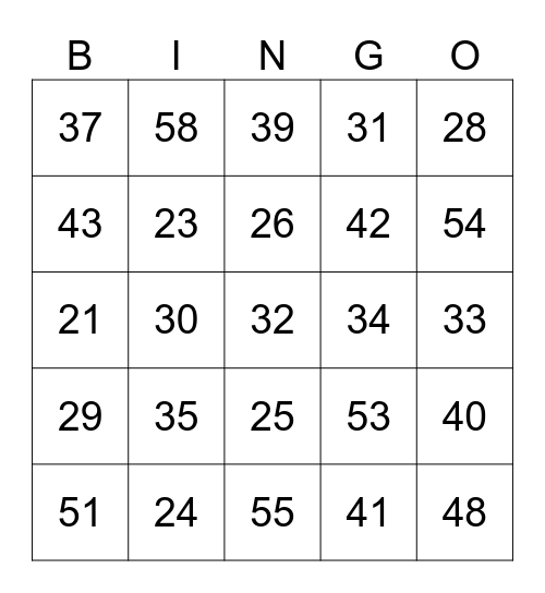 Nombre 20 à 59 Bingo Card
