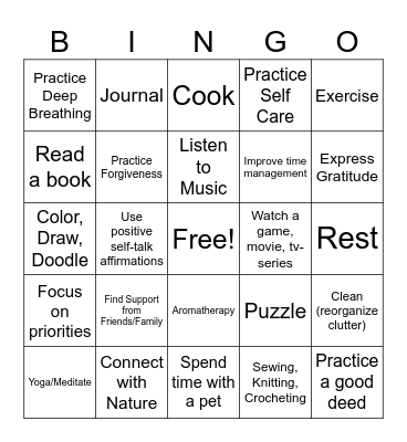 Coping Mechanisms to Destress Bingo Card