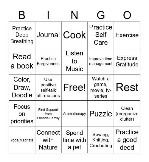 Coping Mechanisms to Destress Bingo Card