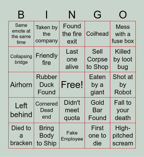 Lethal Company Bingo Card