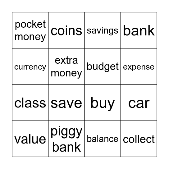 MONEY VOCABULARY BINGO Card