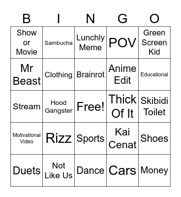 YT Shorts Bingo Card
