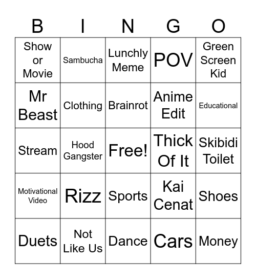 YT Shorts Bingo Card