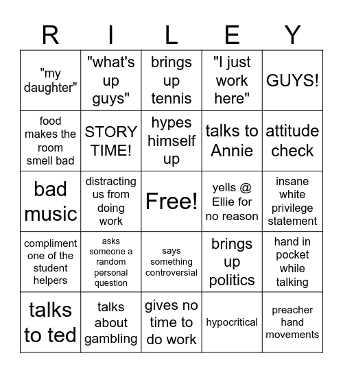 Mr. Riley Bingo Card