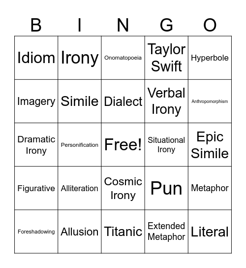 Figurative Language Bingo Card