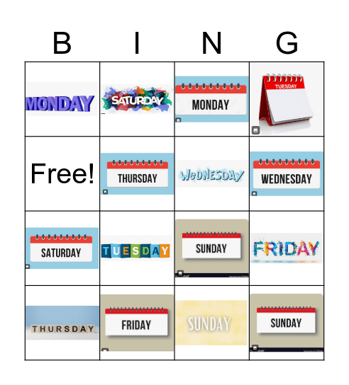 The Days of The Week Bingo Card