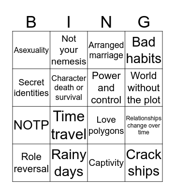 Fanfic Themes/Prompts Bingo Card