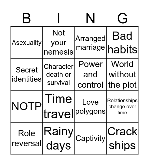 Fanfic Themes/Prompts Bingo Card