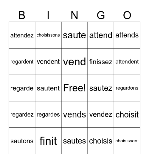 Present Tense Verbs - Regular Bingo Card