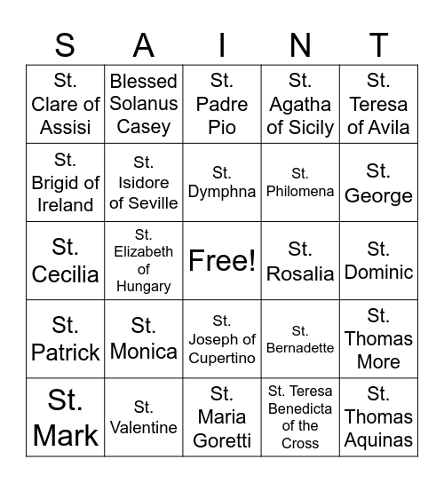 Saints Bingo Card