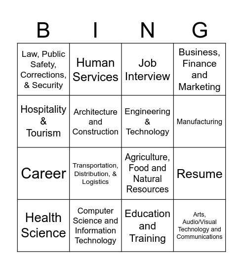 Career Cluster Bingo Card