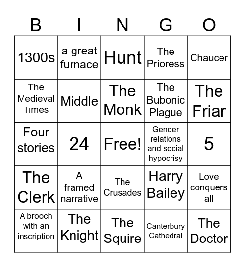 The Canterbury Tales Bingo Card