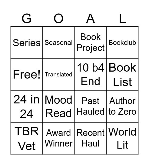 November TBR Goals Bingo Card