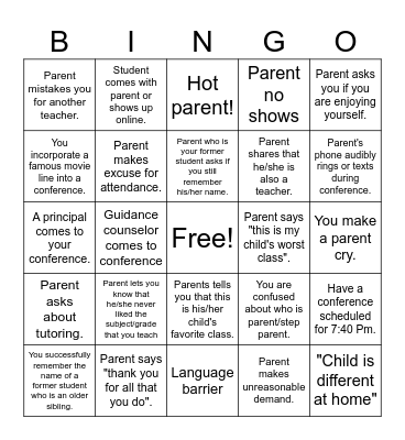 Parent Teacher Bingo Card