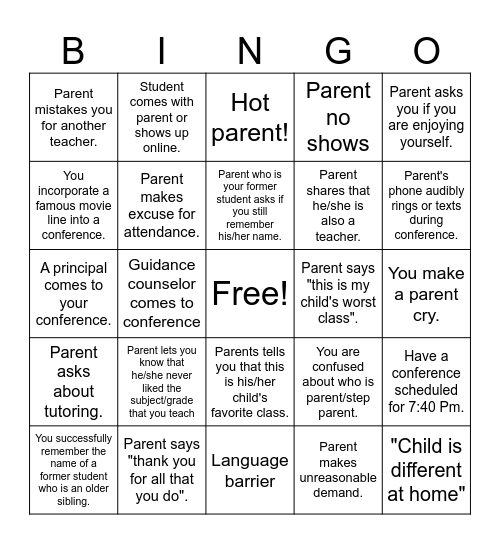 Parent Teacher Bingo Card